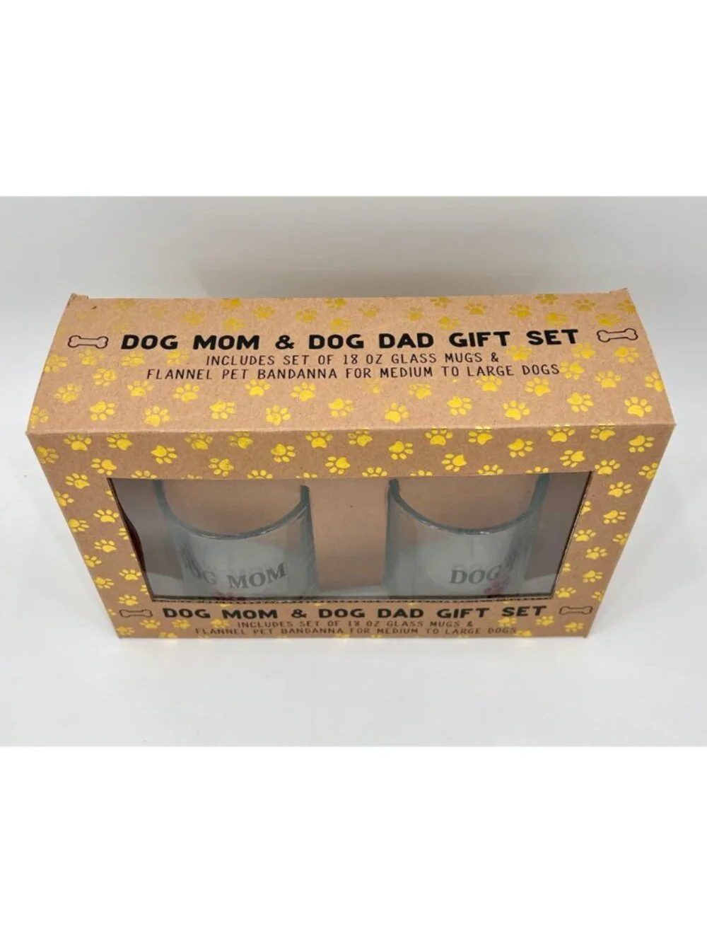 NIB GIFT SET OF 2 DOG MOM DAD GLASS MUGS RED BLACK PLAID PAW PRINT NO BANDANA